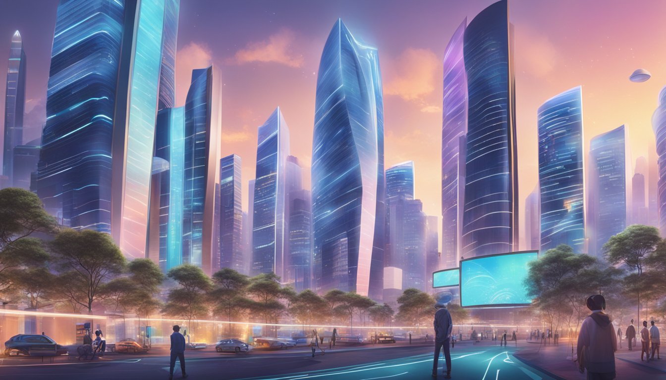 A futuristic cityscape with digital billboards and virtual reality headsets, showcasing the integration of technology and finance in Singapore's metaverse ETF investing guide