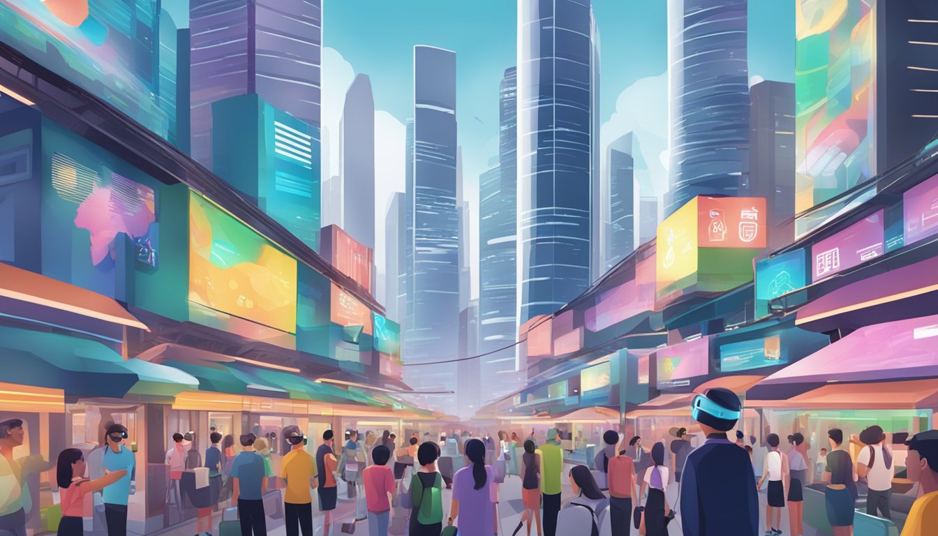A bustling Singapore cityscape with futuristic skyscrapers, digital billboards, and people interacting with virtual reality headsets