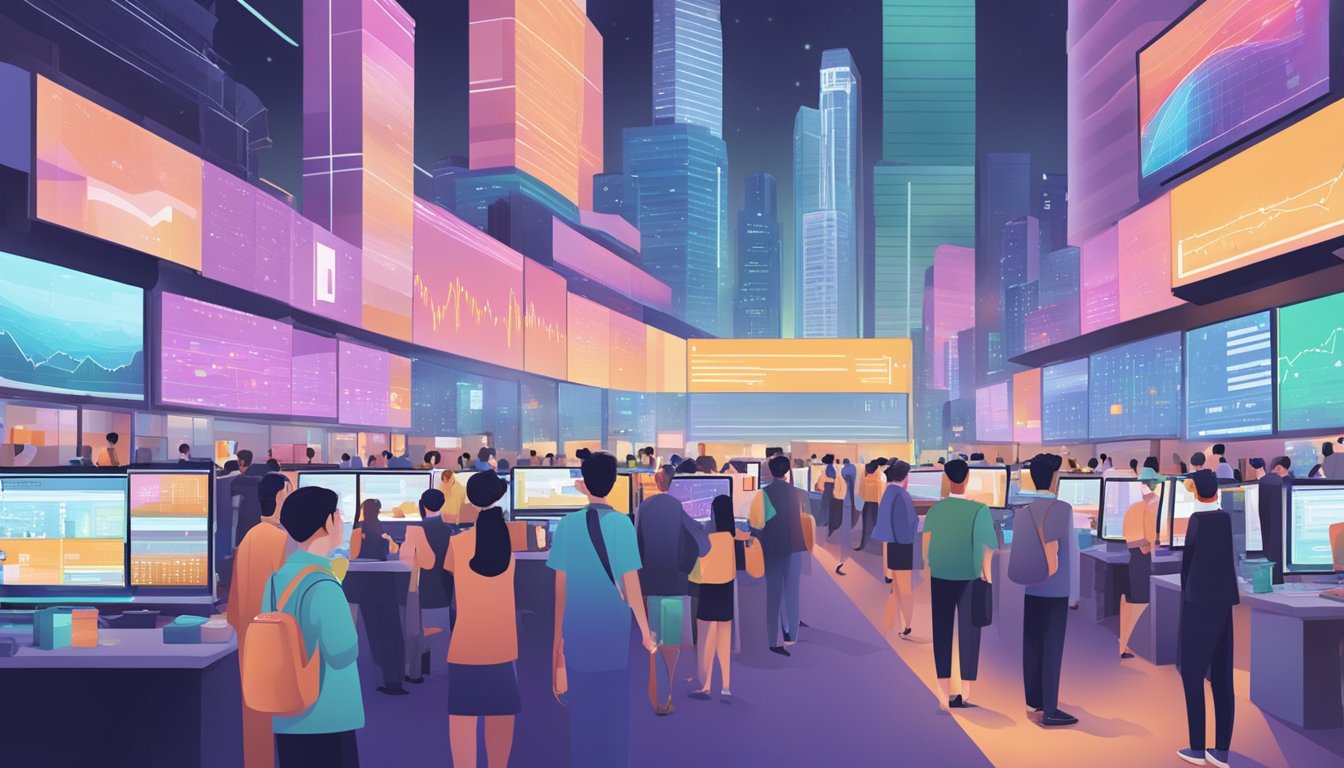 A bustling Singapore market with digital displays of metaverse ETFs, surrounded by investors analyzing market trends and data