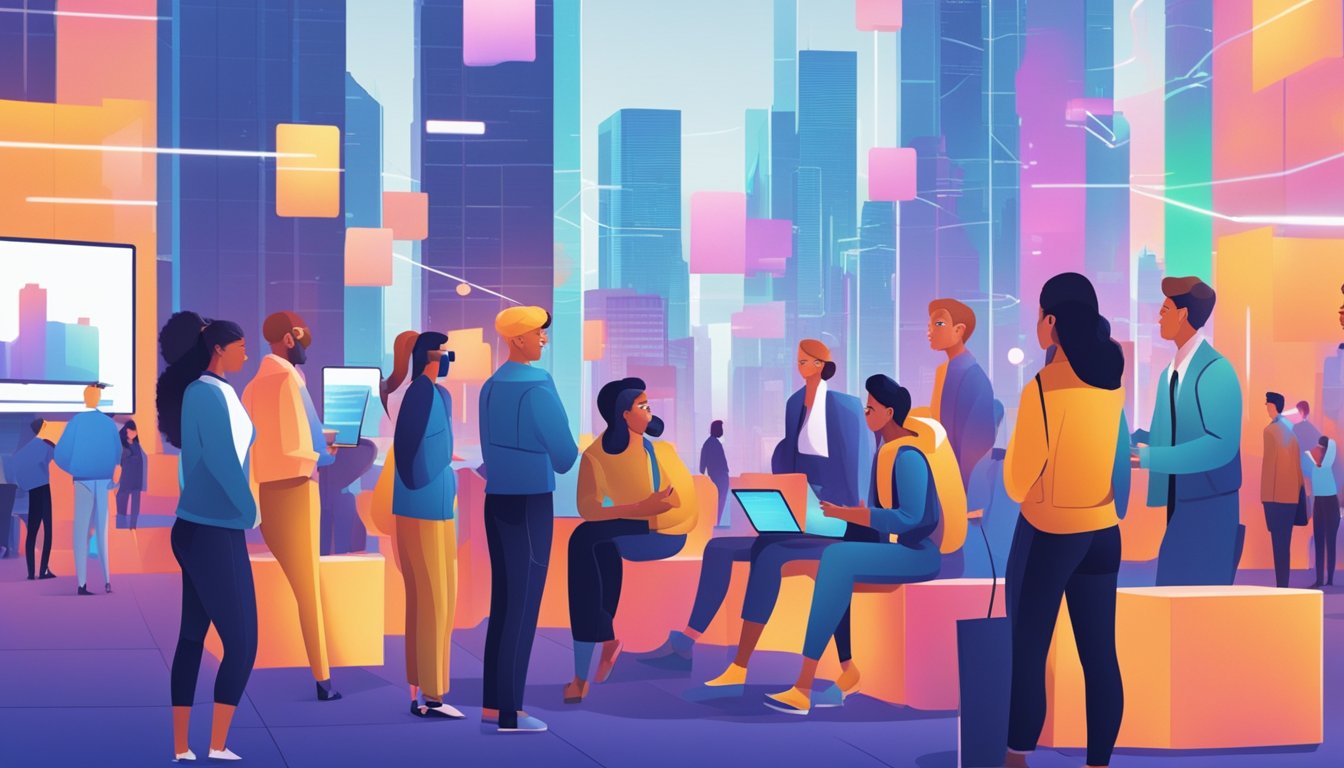 A group of people in a modern city setting, surrounded by digital screens and futuristic technology, engaged in discussions about Metaverse ETF investing