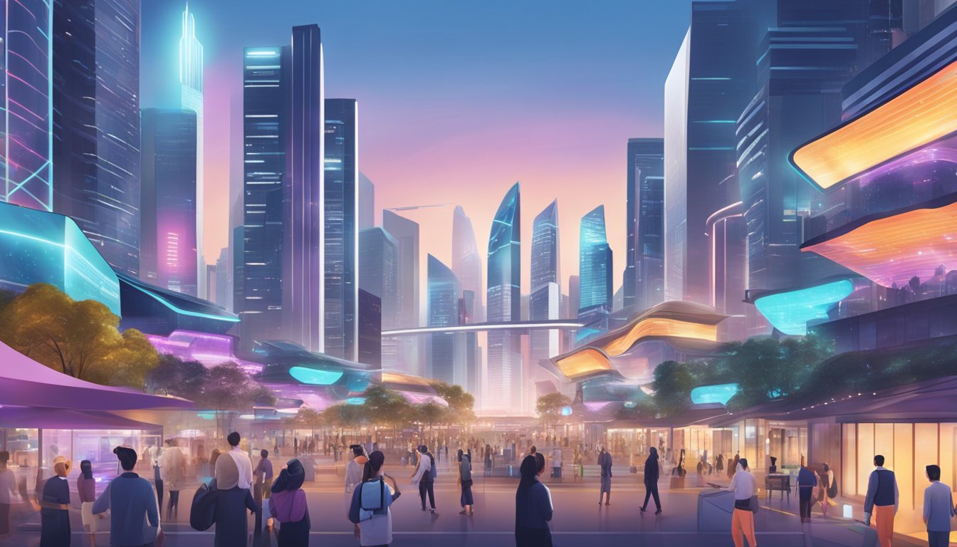A bustling Singapore cityscape with futuristic skyscrapers, digital billboards, and people interacting with virtual reality interfaces, representing the concept of Metaverse ETF investing