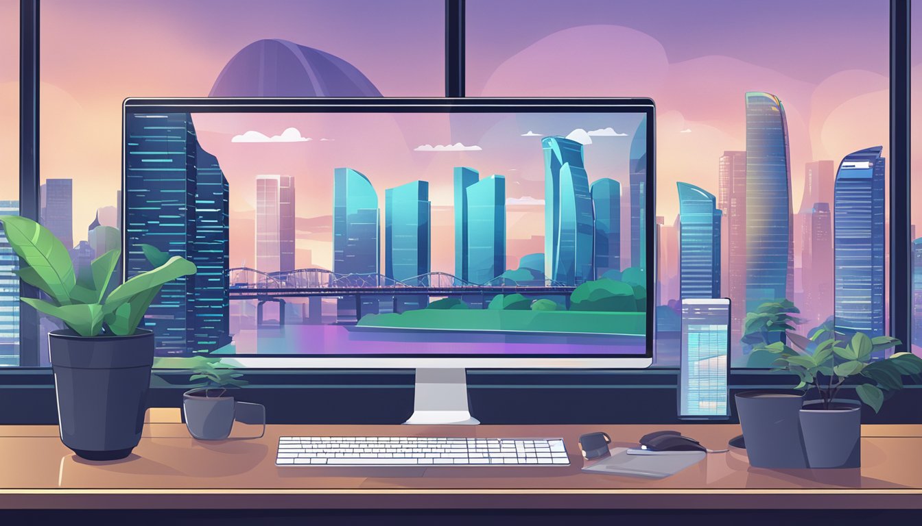 A computer screen displaying various Metaverse ETF options with a Singapore city skyline in the background