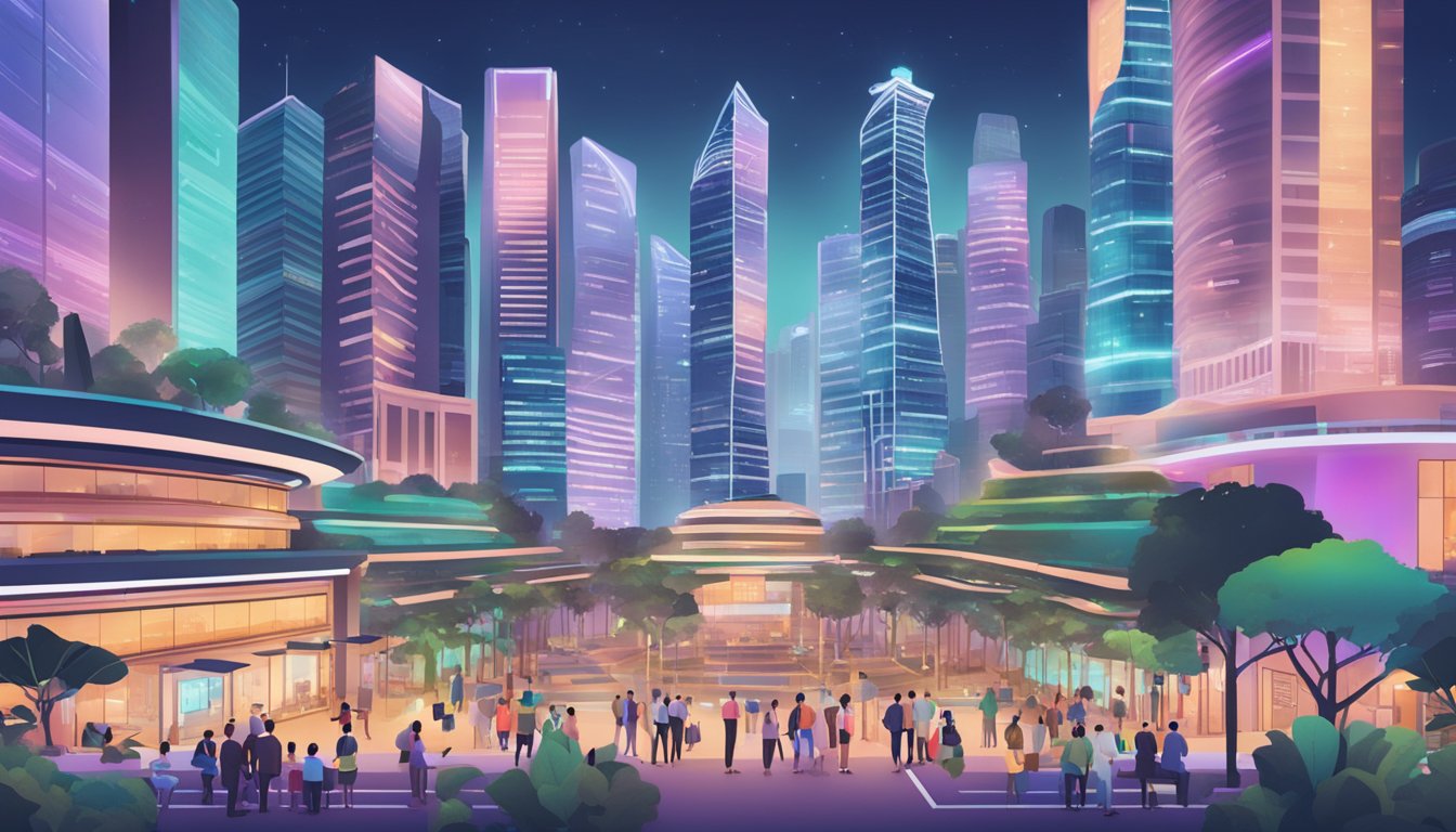 A bustling Singapore cityscape with iconic landmarks, digital screens displaying Metaverse ETF data, and people engaging in virtual investing activities