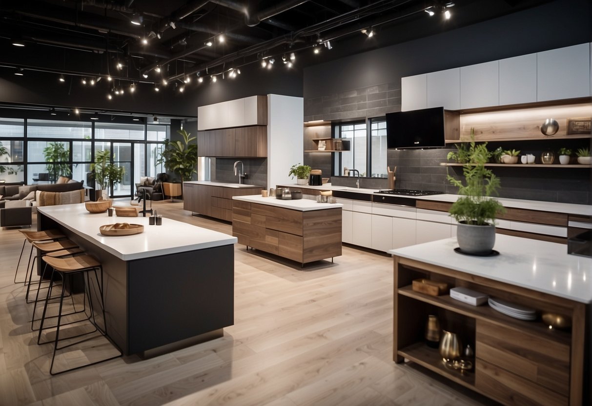 A well-lit showroom with modern kitchen furniture displays. Quality materials and craftsmanship evident in the sleek designs. Knowledgeable staff assisting customers