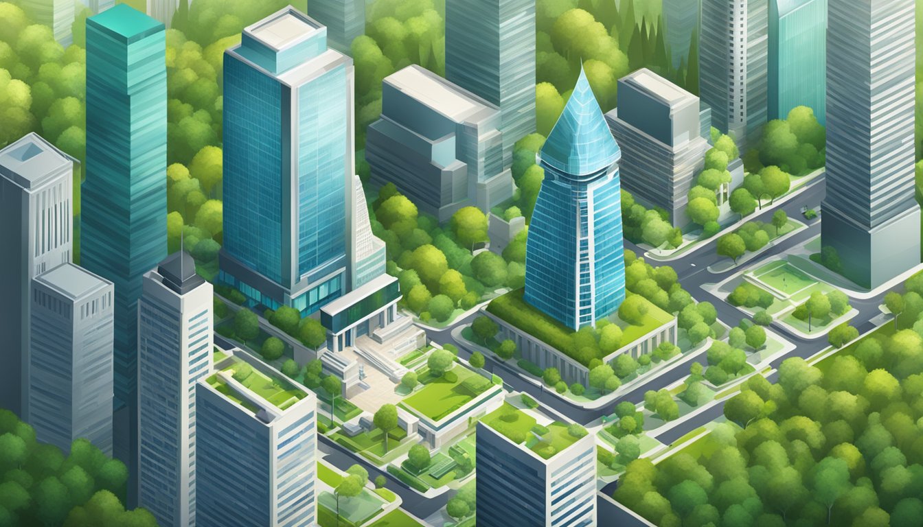 A bustling financial district with skyscrapers and a prominent bank sign, surrounded by green parks and modern architecture