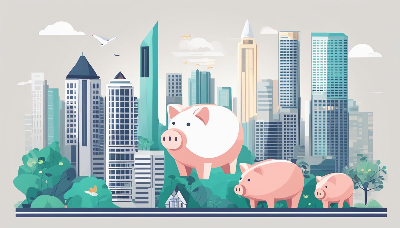 A serene cityscape of Singapore with iconic landmarks, a graph showing steady growth, and a piggy bank symbolizing savings
