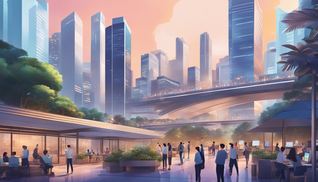 A bustling Singapore cityscape with iconic landmarks, digital screens displaying top NFT projects, and investors discussing in a modern office setting