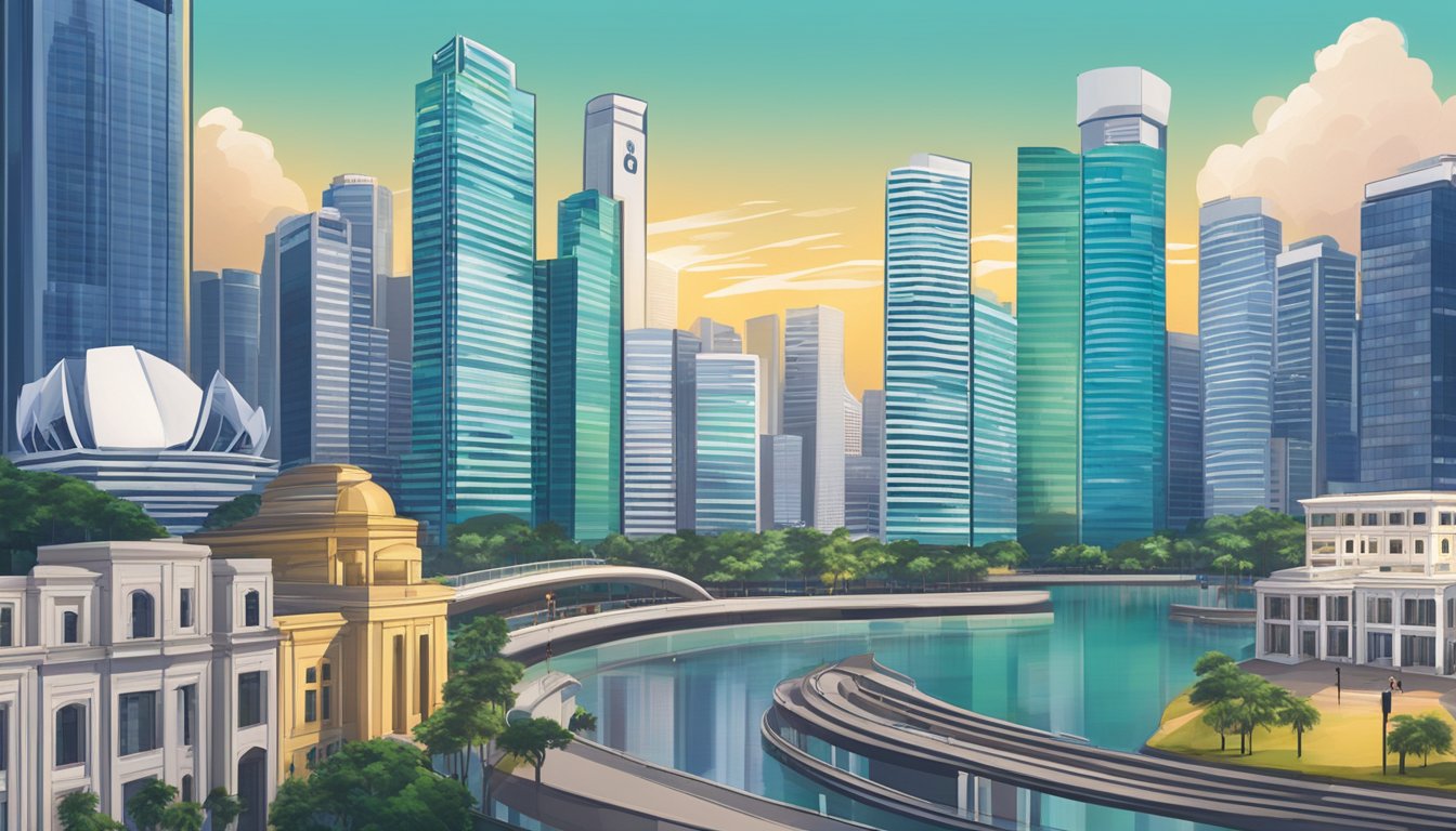 A cityscape of Singapore with two currency symbols, USDC and USDT, displayed prominently in the financial district