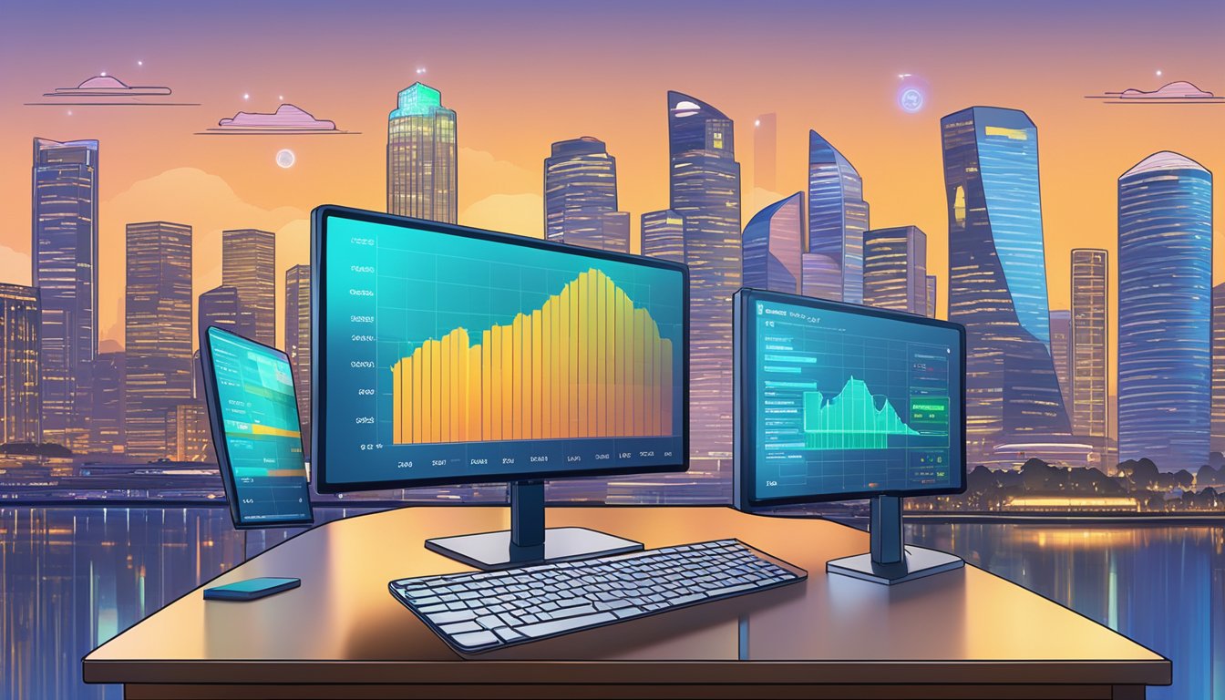 A computer screen displays various crypto investment staking platforms with charts and data, set against the Singapore skyline
