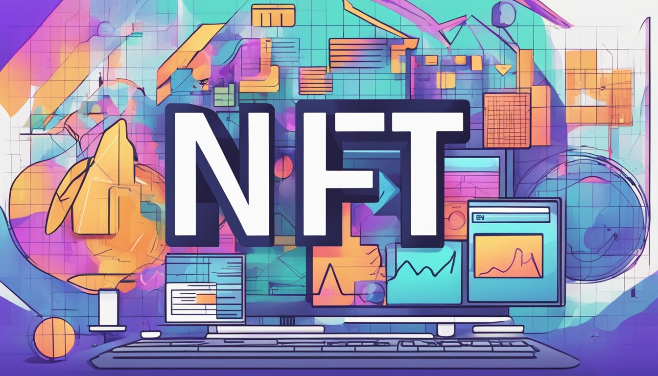 A computer screen displaying various digital artworks with the letters "NFT" prominently featured, surrounded by financial charts and investment symbols