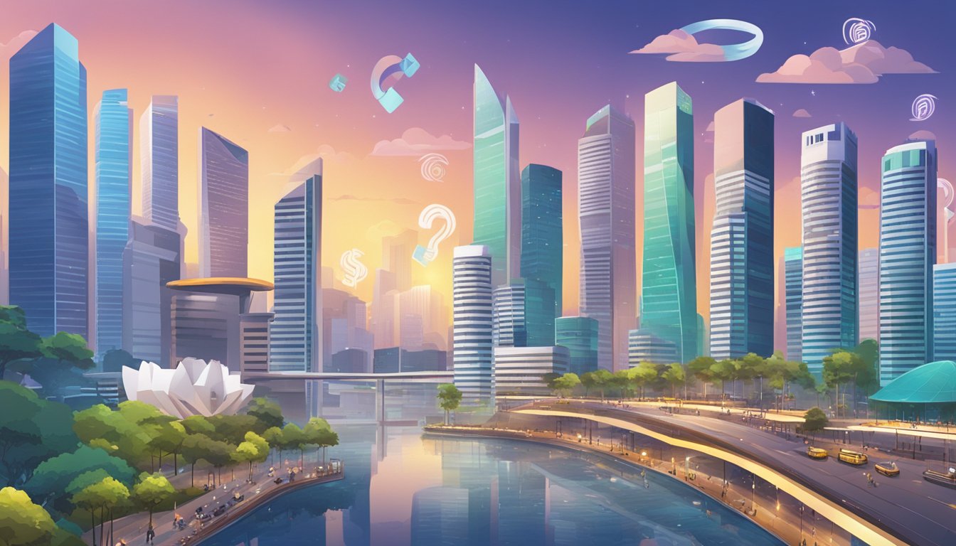 A bustling Singapore cityscape with financial buildings and digital currency symbols
