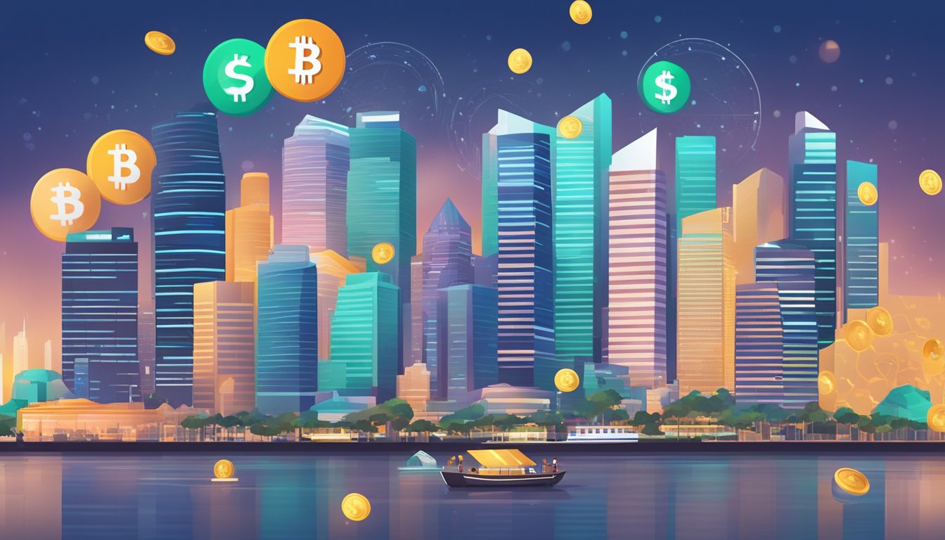 A bustling city skyline with digital currency symbols floating above prominent financial institutions in Singapore