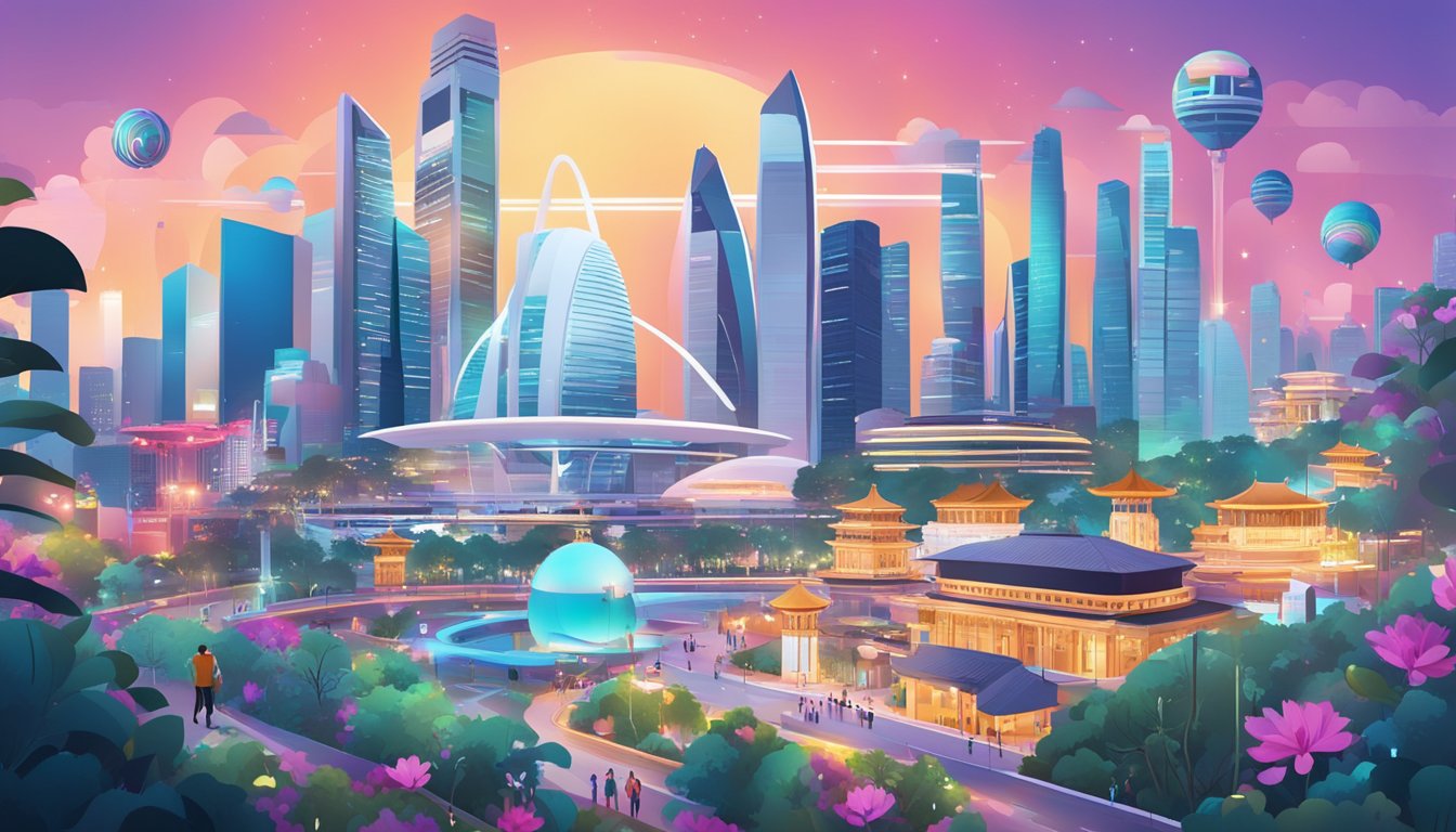 A bustling cityscape of Singapore with iconic landmarks and futuristic buildings, surrounded by digital art installations and NFT project logos