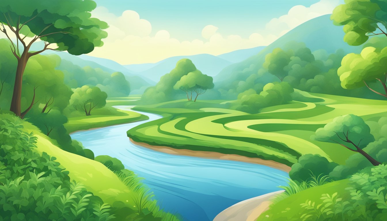 A serene landscape with a winding river, lush greenery, and a clear blue sky, symbolizing redemption and liquidity for an investment guide