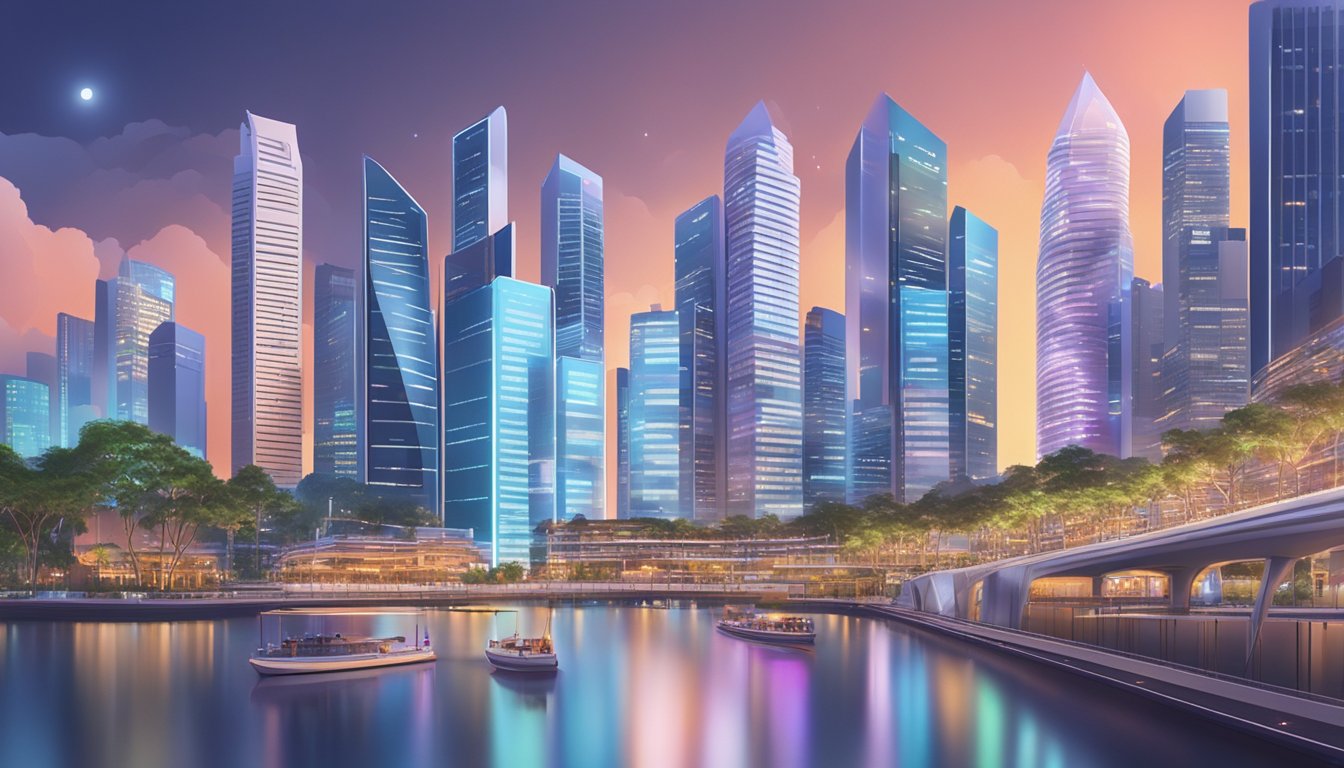 A bustling Singapore cityscape with digital art displays and financial graphs, showcasing the thriving NFT market and investment opportunities
