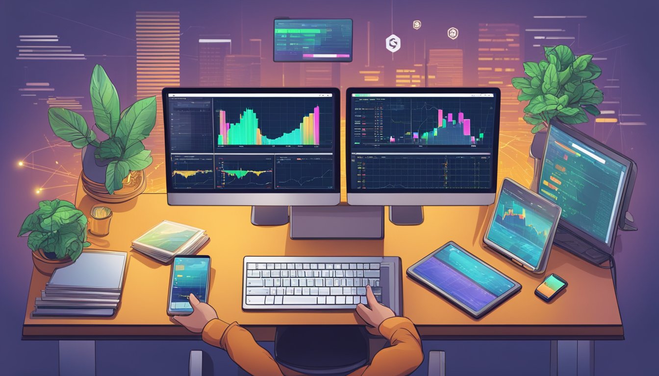 A person is using a computer to trade and stake cryptocurrency on various platforms in Singapore. Multiple screens show investment mechanics in action