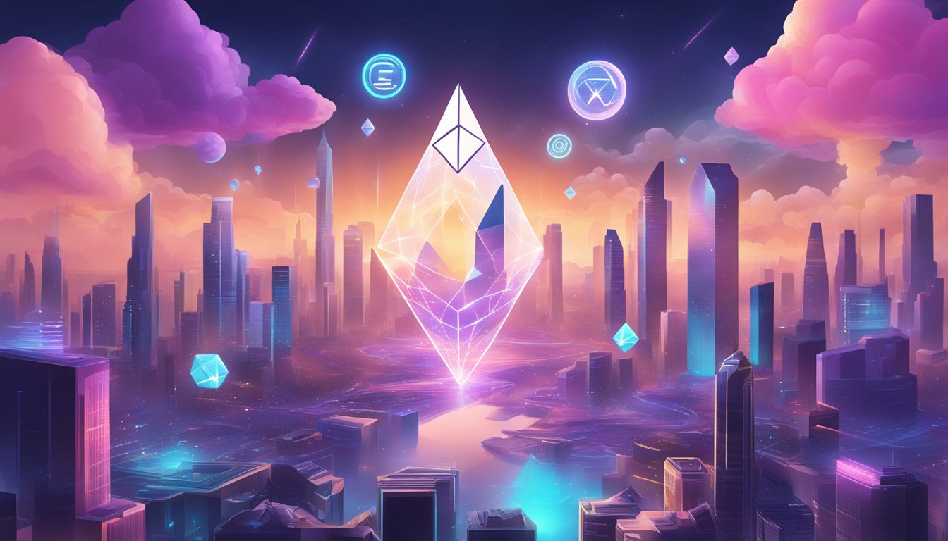 A digital landscape with various NFTs and Ethereum symbols floating in the air, surrounded by a futuristic cityscape