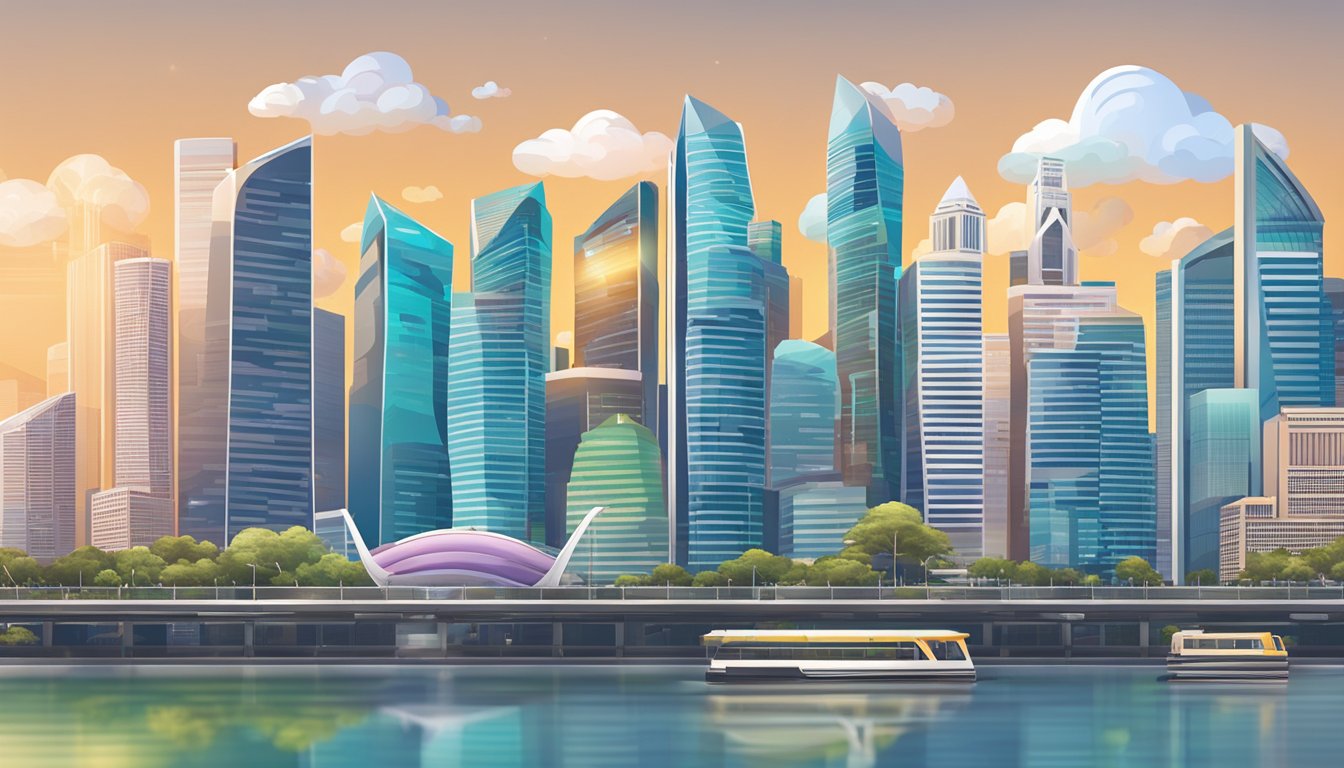 A bustling city skyline with digital currency logos towering over modern buildings in Singapore