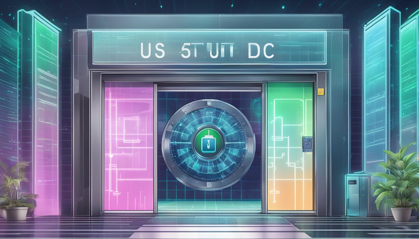 A secure vault with USDC and USDT logos in Singapore. Transparent investment charts and safety measures displayed