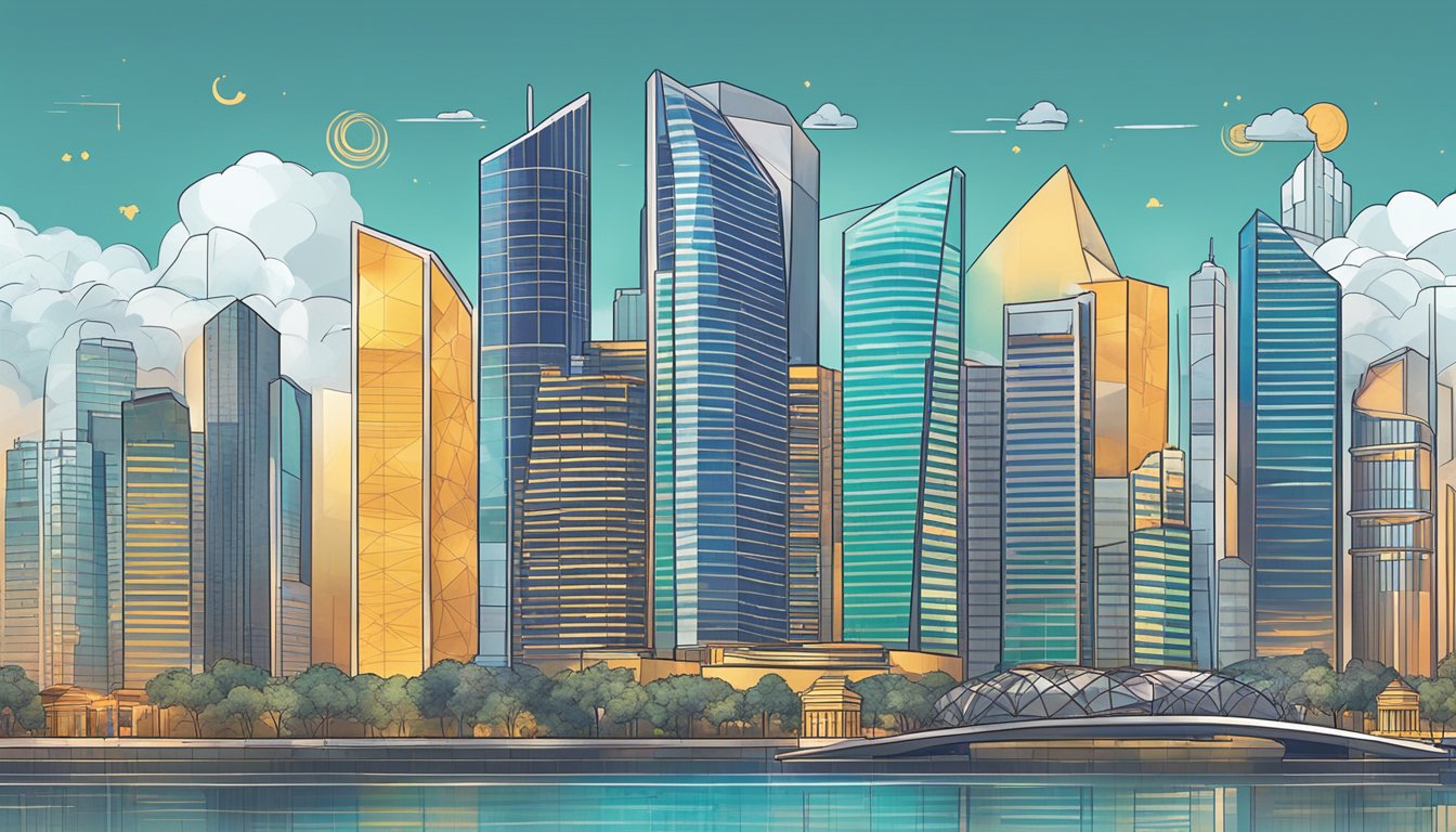 A Singaporean skyline with prominent financial buildings, crypto logos, and a graph showing increasing returns and decreasing risks