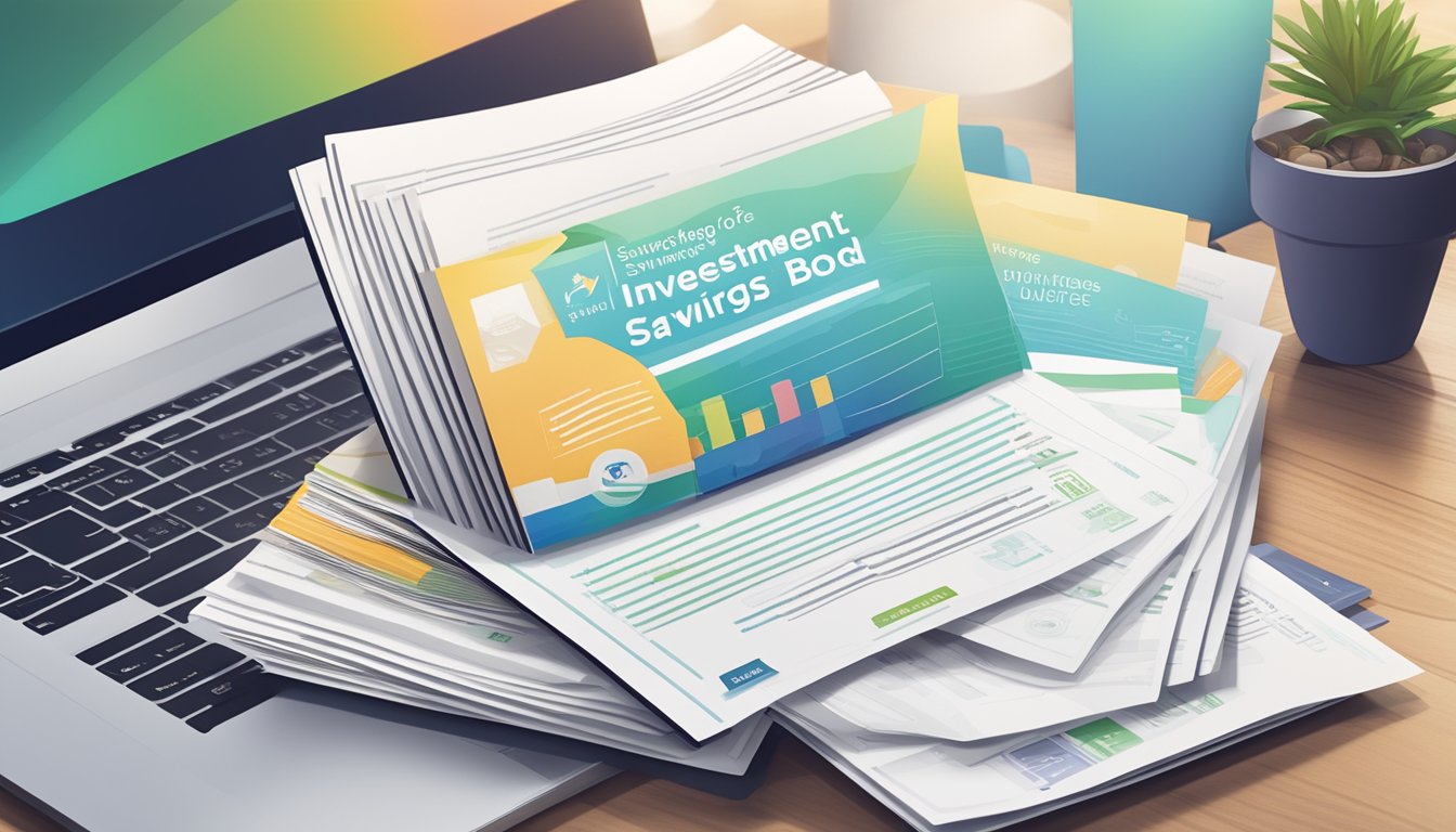 A stack of investment brochures and a Singapore Savings Bond certificate on a desk, with a laptop open to the Ultimate Guide for Investors website