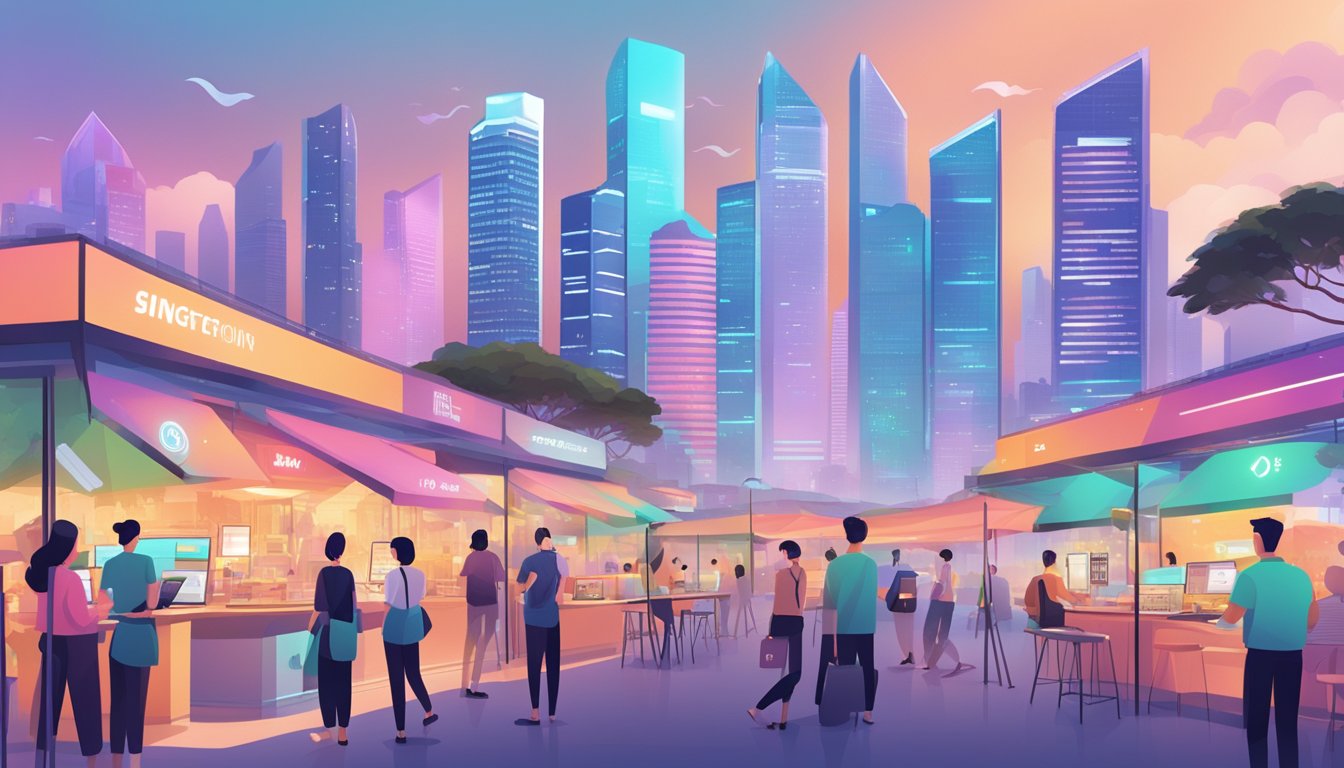 A bustling digital marketplace with various NFT projects displayed on screens, people engaging in transactions, and a backdrop of Singapore's iconic skyline