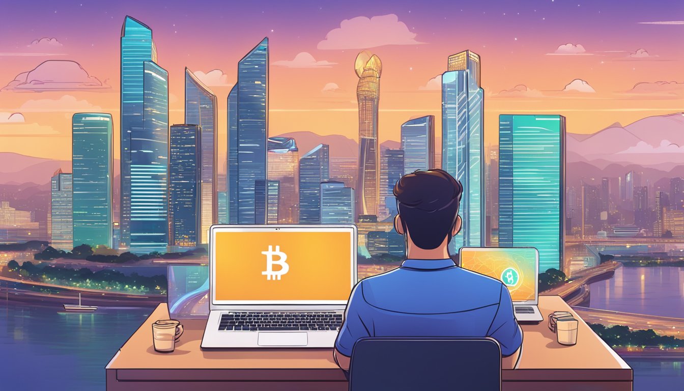 A person investing in crypto with a laptop, surrounded by customer support and user experience materials. Singapore's skyline in the background