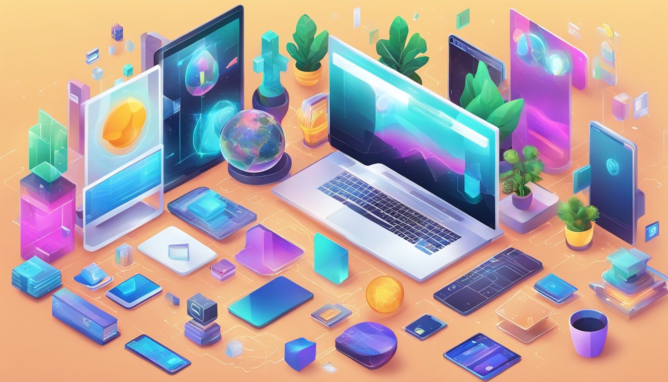 A colorful digital artwork surrounded by various physical and digital assets, including real estate, collectibles, and virtual goods, all connected by blockchain technology