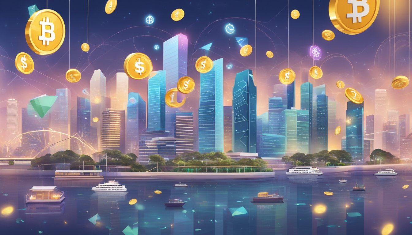A bustling Singapore cityscape with financial buildings and digital currency symbols floating in the air