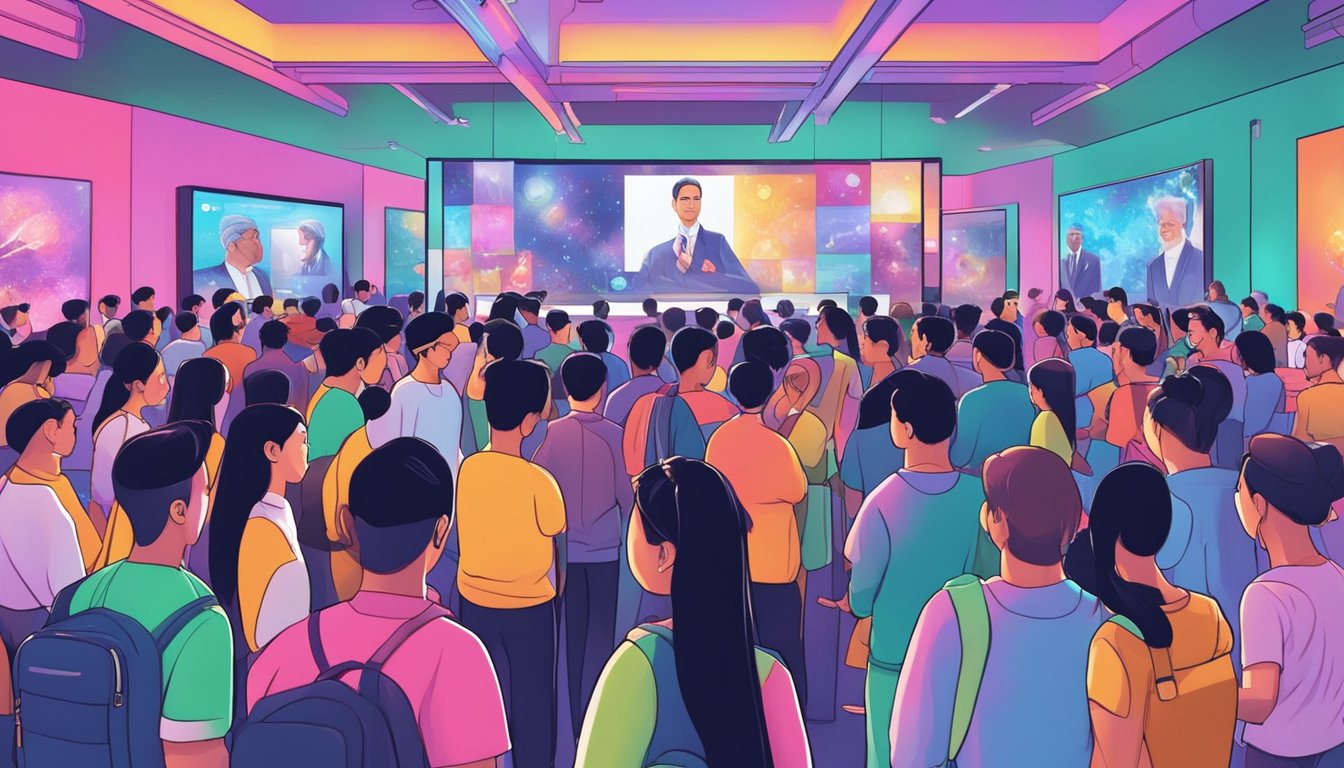 A crowd of high-profile figures gathers around a digital art display, discussing NFT projects in Singapore. Celebrity endorsements and collaborations are evident in the vibrant atmosphere