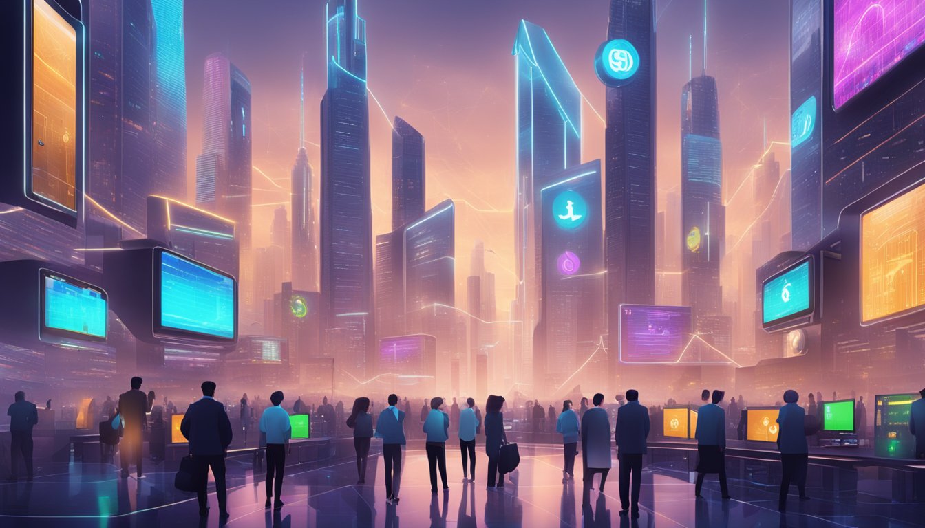 A futuristic cityscape with digital currency logos and graphs displayed on towering screens, surrounded by bustling financial activity