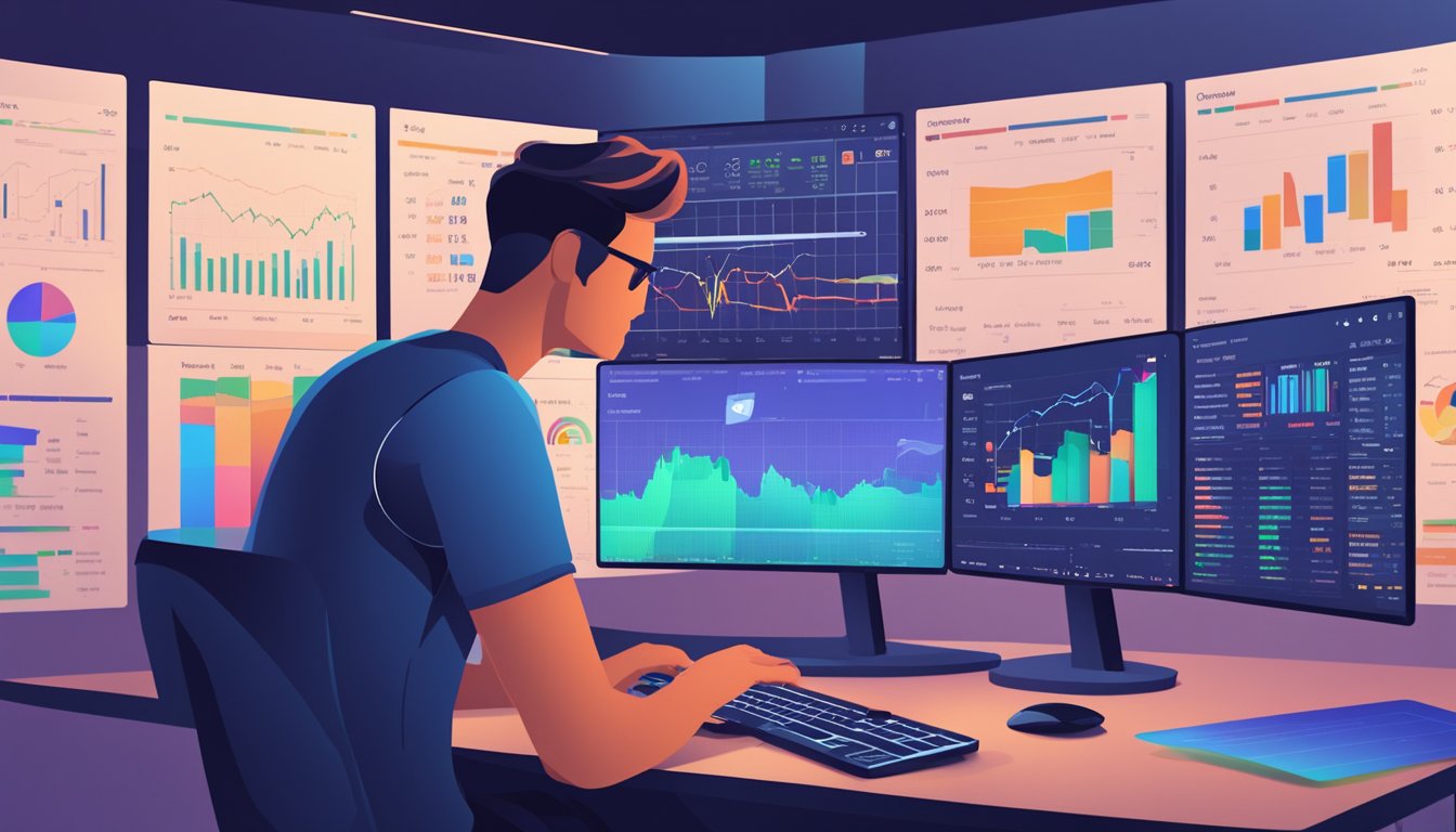 A person selects a staking platform on a computer, surrounded by charts and graphs. The screen displays various crypto investment options
