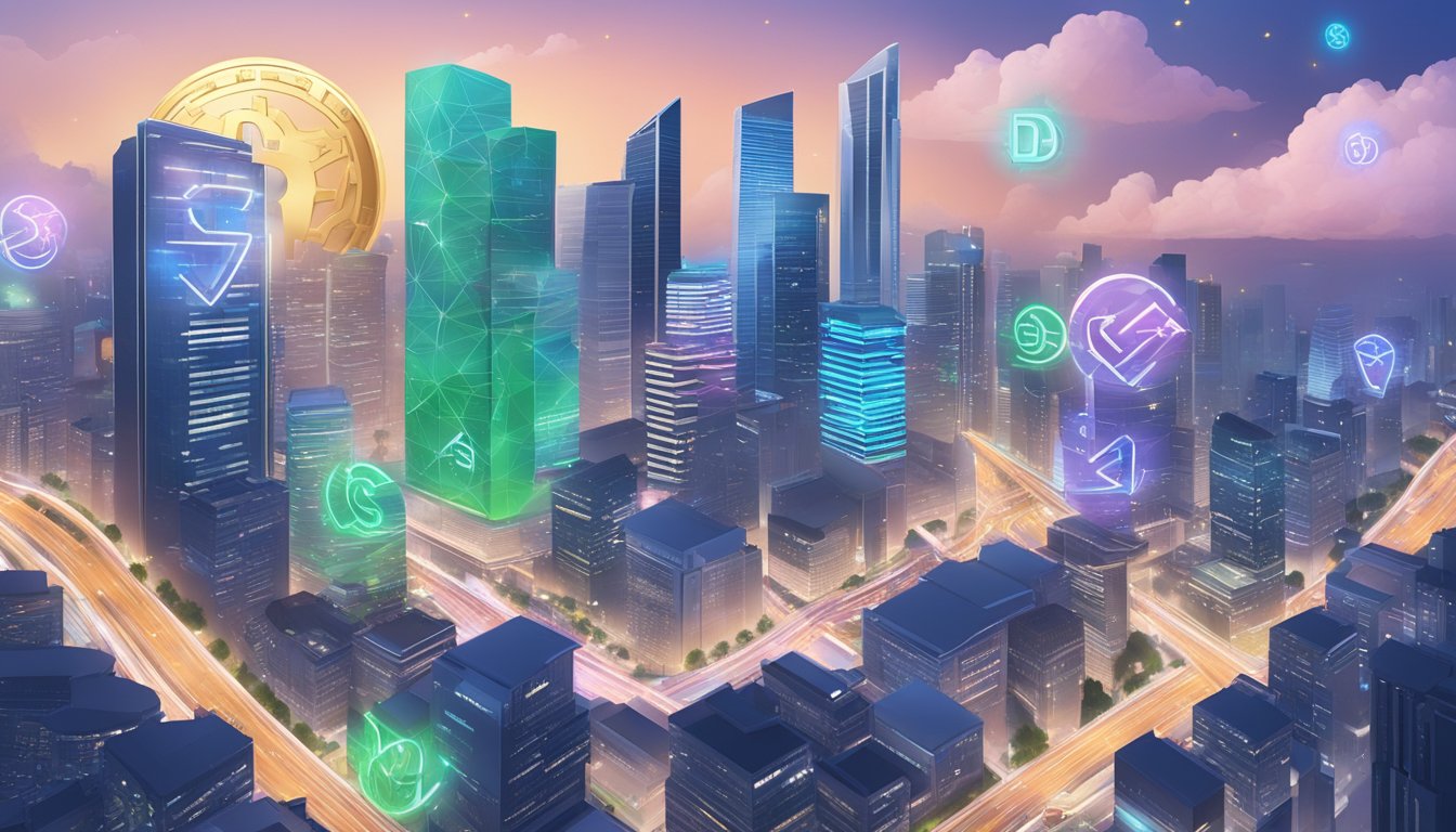 A bustling Singapore cityscape with digital currency symbols floating above skyscrapers, representing DeFi investment in USDC and USDT