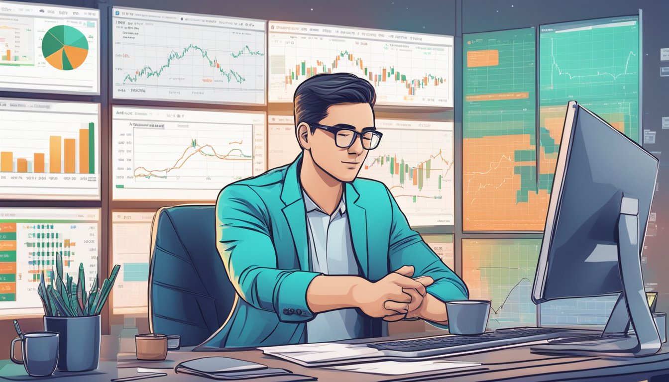 An investor comparing USDC and USDT in Singapore, surrounded by financial charts and graphs