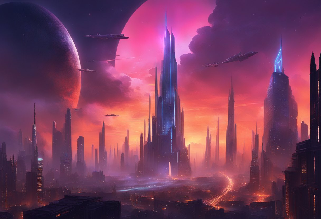 A dark, futuristic cityscape with towering buildings, neon lights, and a menacing atmosphere. The sky is filled with smog and the ground is littered with debris