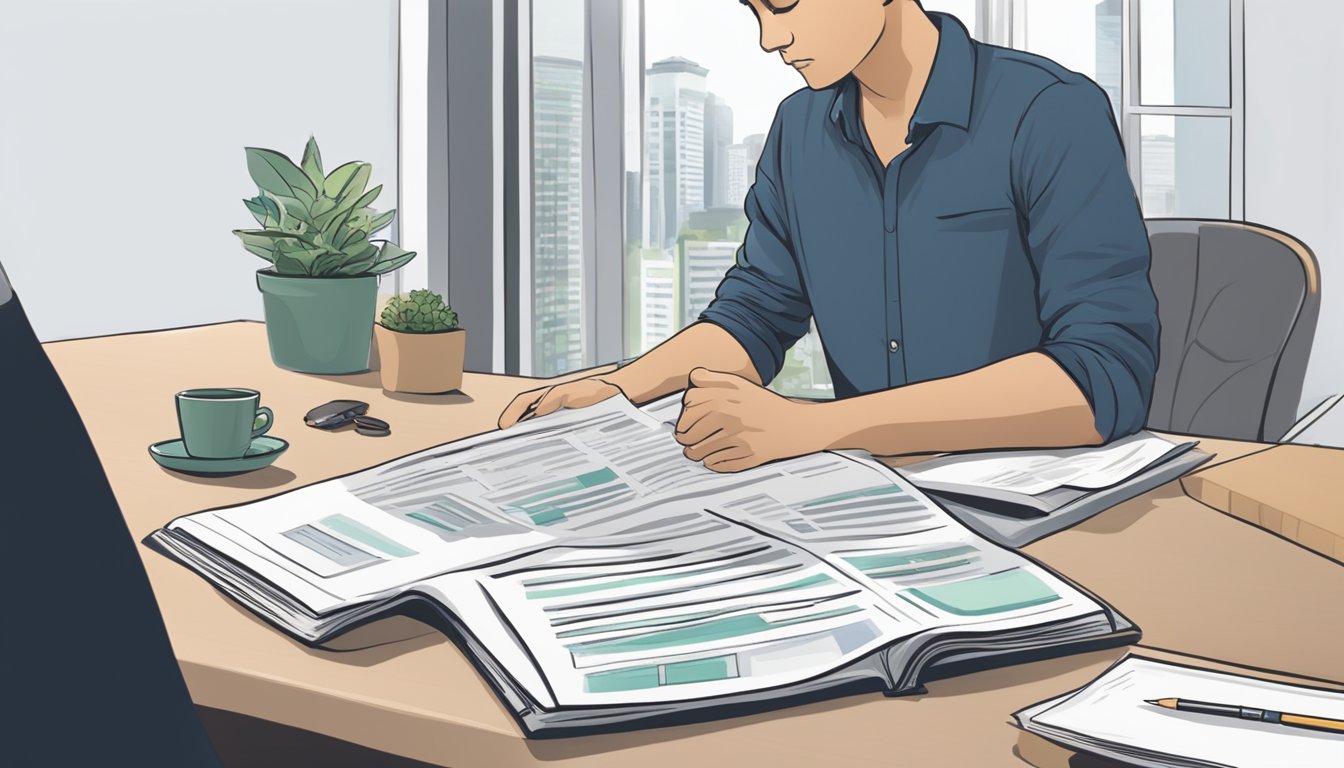 A person reading a guidebook on mortgage refinancing in Singapore, with a checklist of eligibility and requirements laid out on a table