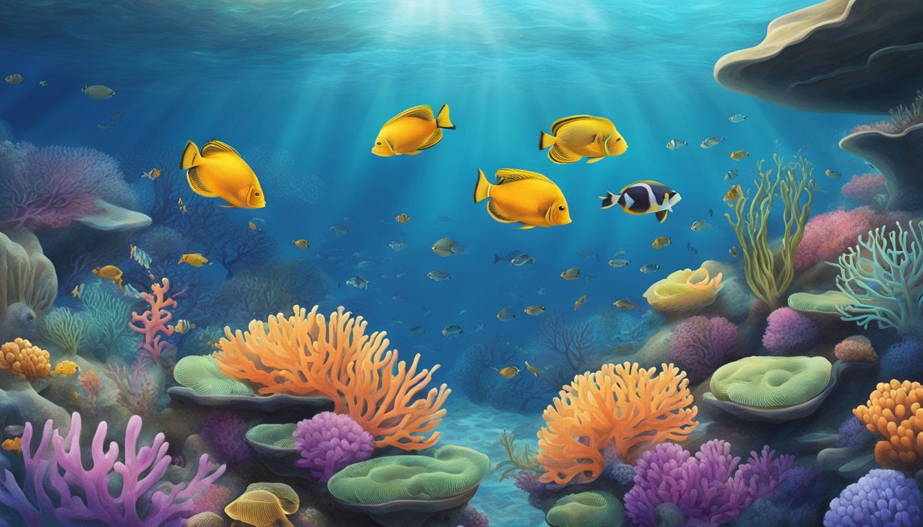 A serene underwater scene with colorful coral, sea anemones, and fish at Taucherhof