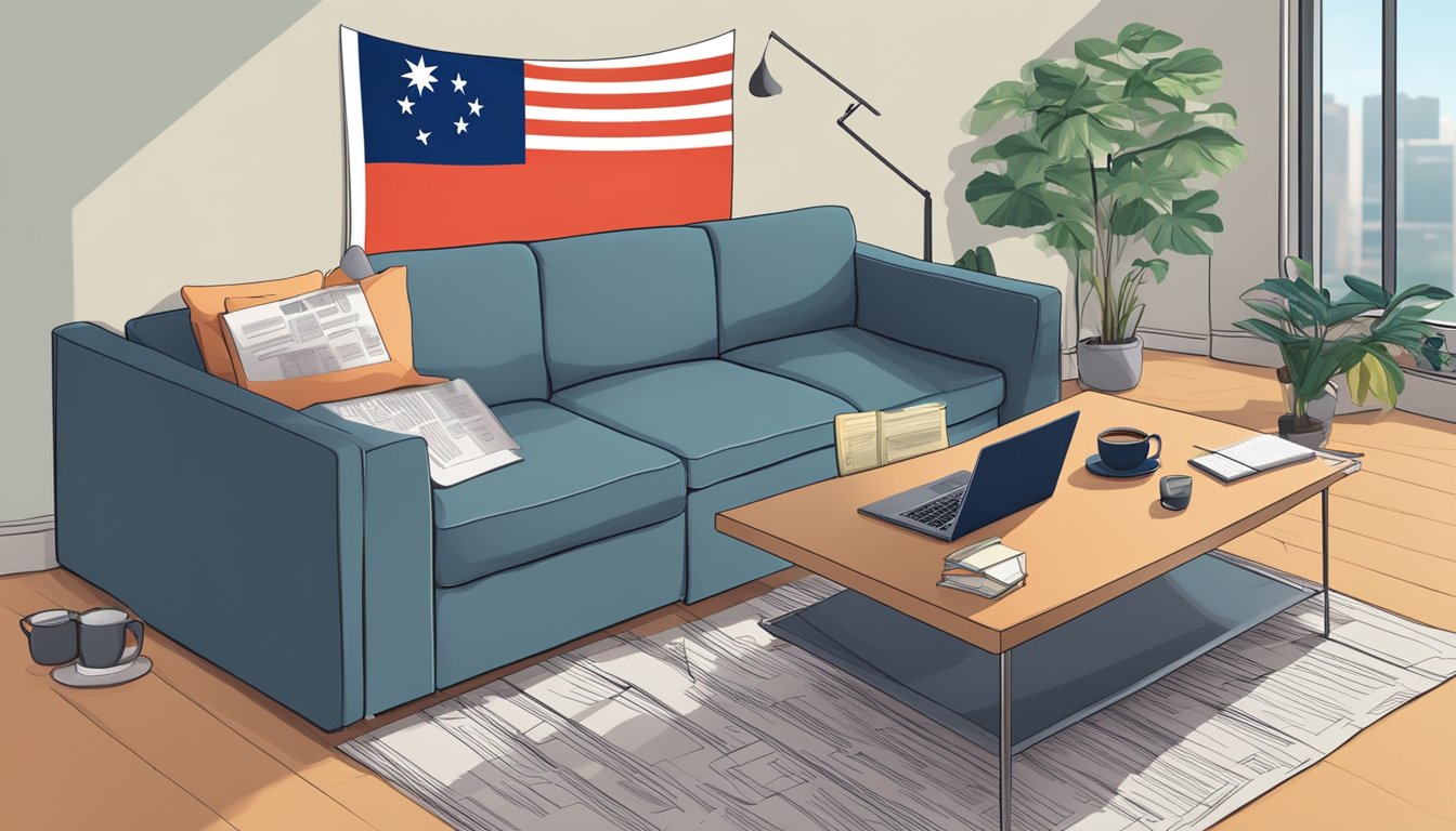 A cozy living room with a laptop on the coffee table, a calculator, and paperwork scattered around. A Singaporean flag hangs on the wall