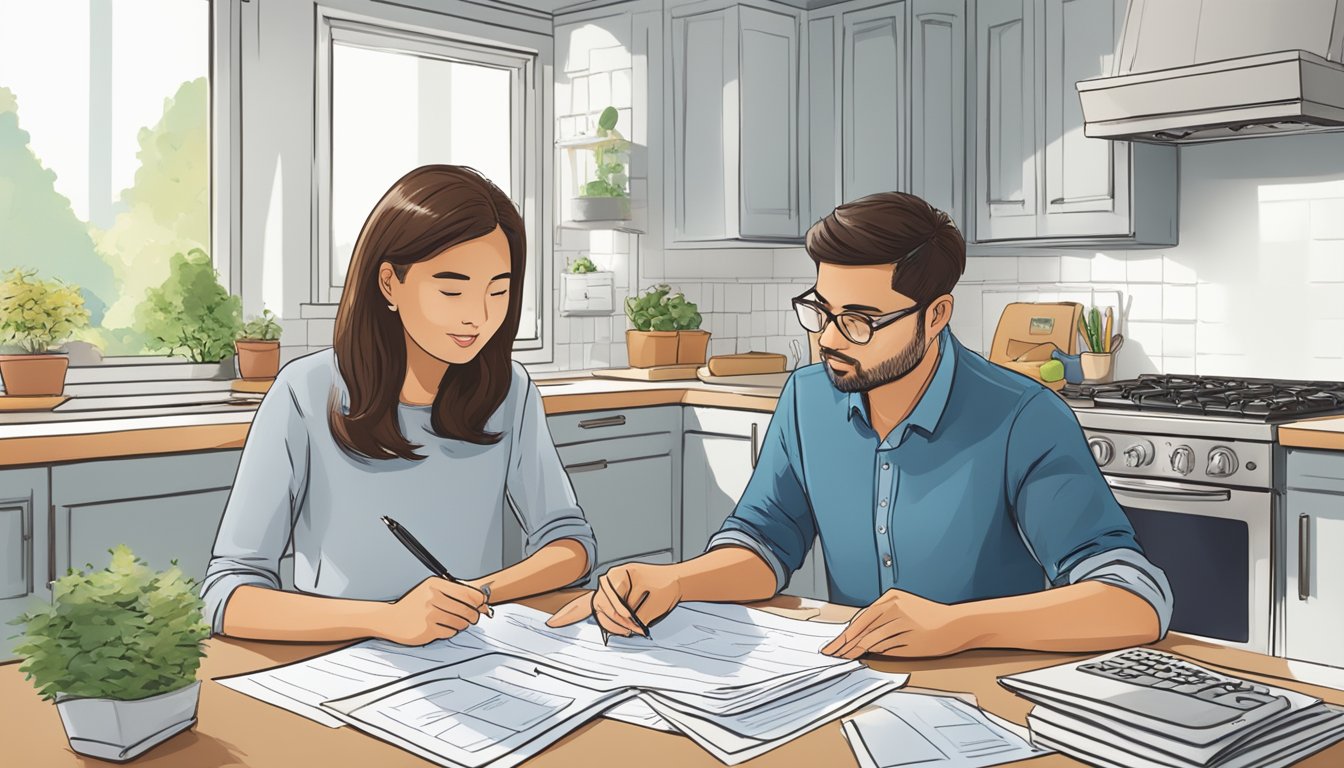 A couple sits at a kitchen table, reviewing paperwork and discussing the financial implications of refinancing their home loan in Singapore. A calculator and pen are scattered among the documents
