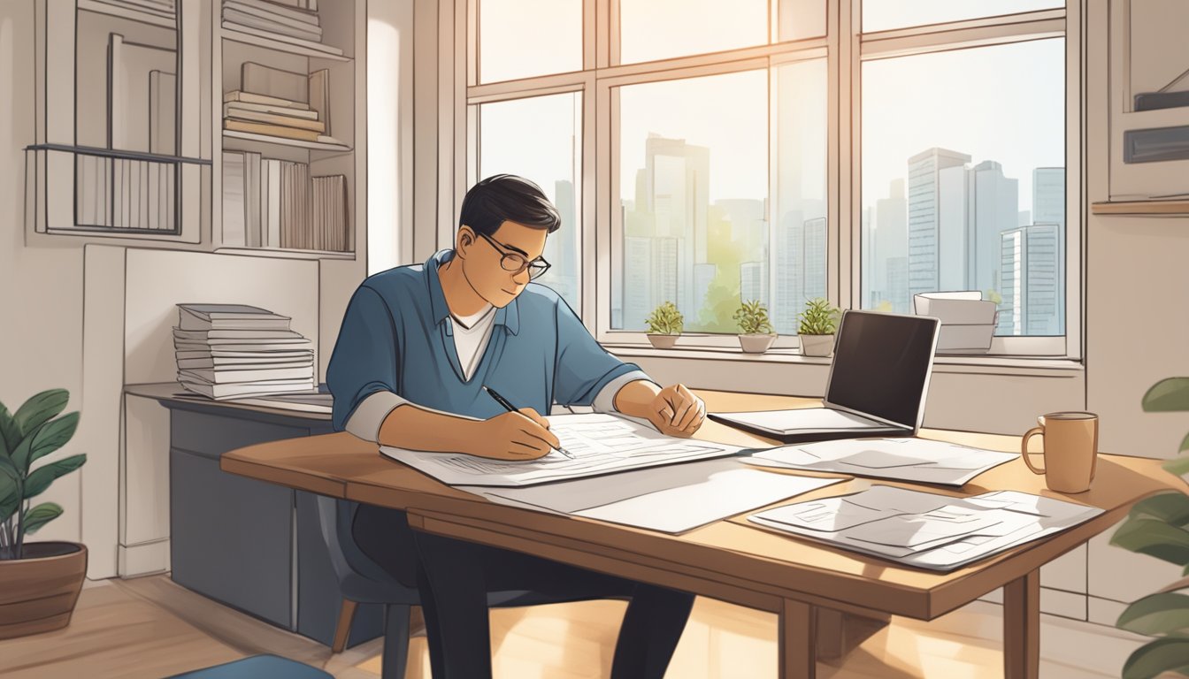 A homeowner in Singapore sits at a desk, reviewing mortgage documents. A calculator and pen are on the table. The room is bright with natural light