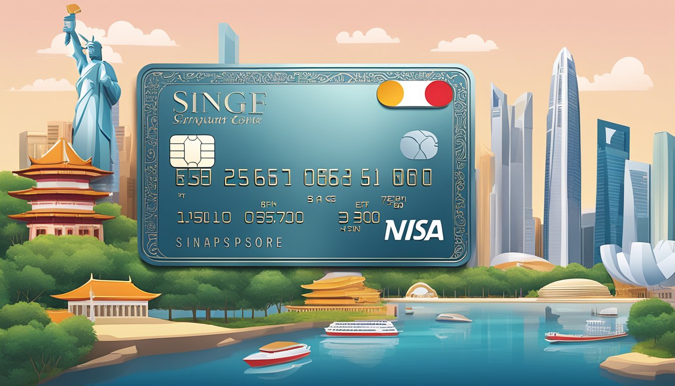 A luxurious metal credit card surrounded by iconic Singapore landmarks