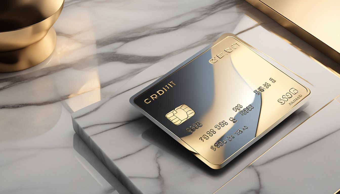 A sleek metal credit card sits on a luxurious marble tabletop, reflecting the soft glow of ambient lighting. The card features intricate engravings and a modern, minimalist design