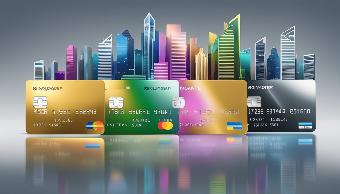 Shiny metal credit cards arranged on a sleek surface with Singapore skyline in the background