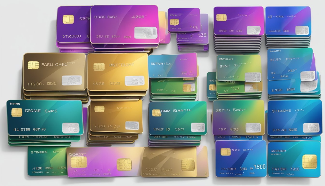 A stack of metal credit cards arranged neatly with income and eligibility requirements displayed next to them