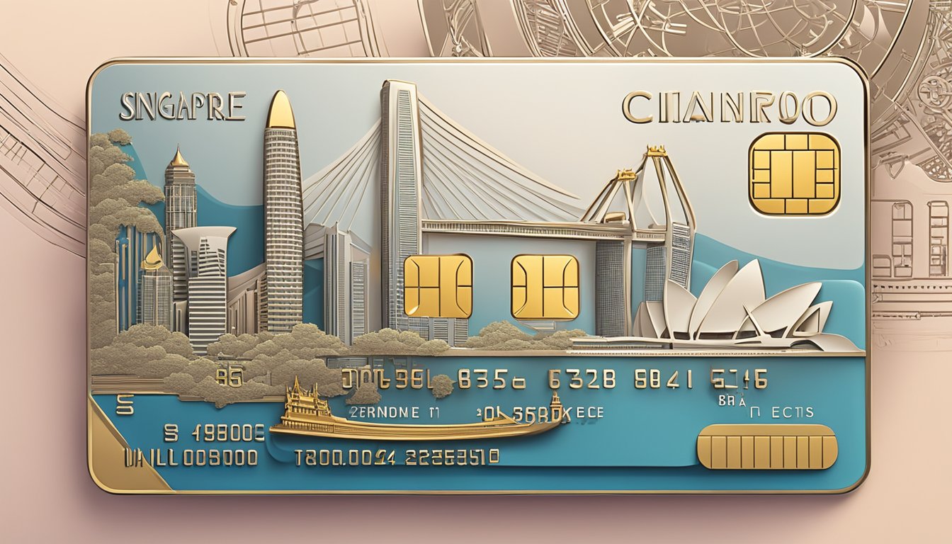 A luxurious metal credit card surrounded by iconic Singapore landmarks and symbols of travel benefits