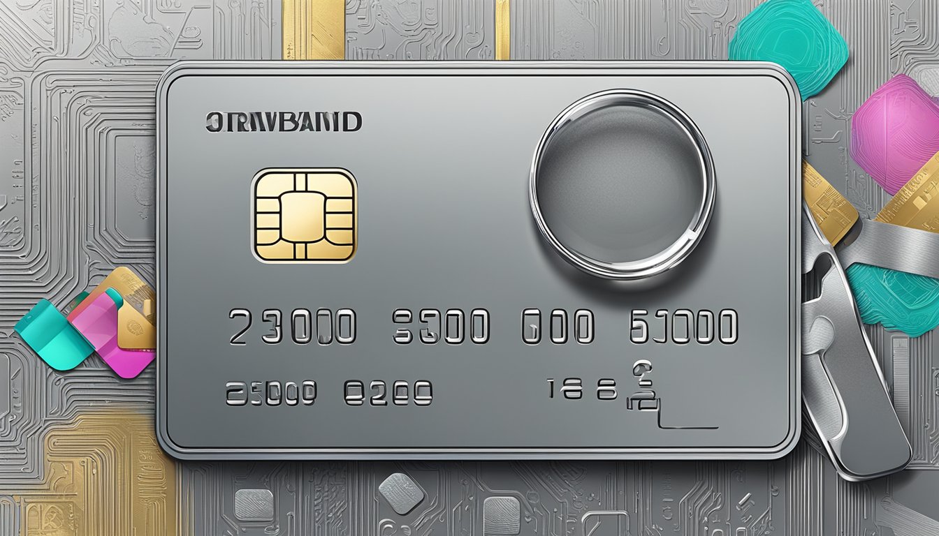 A metallic credit card surrounded by fine print and magnifying glass