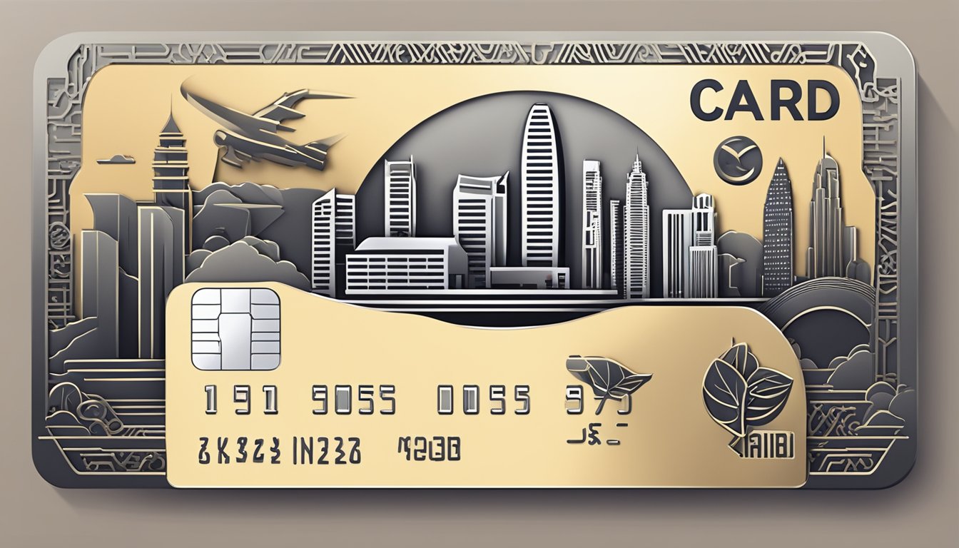 A sleek metal credit card surrounded by luxurious Singaporean landmarks and symbols