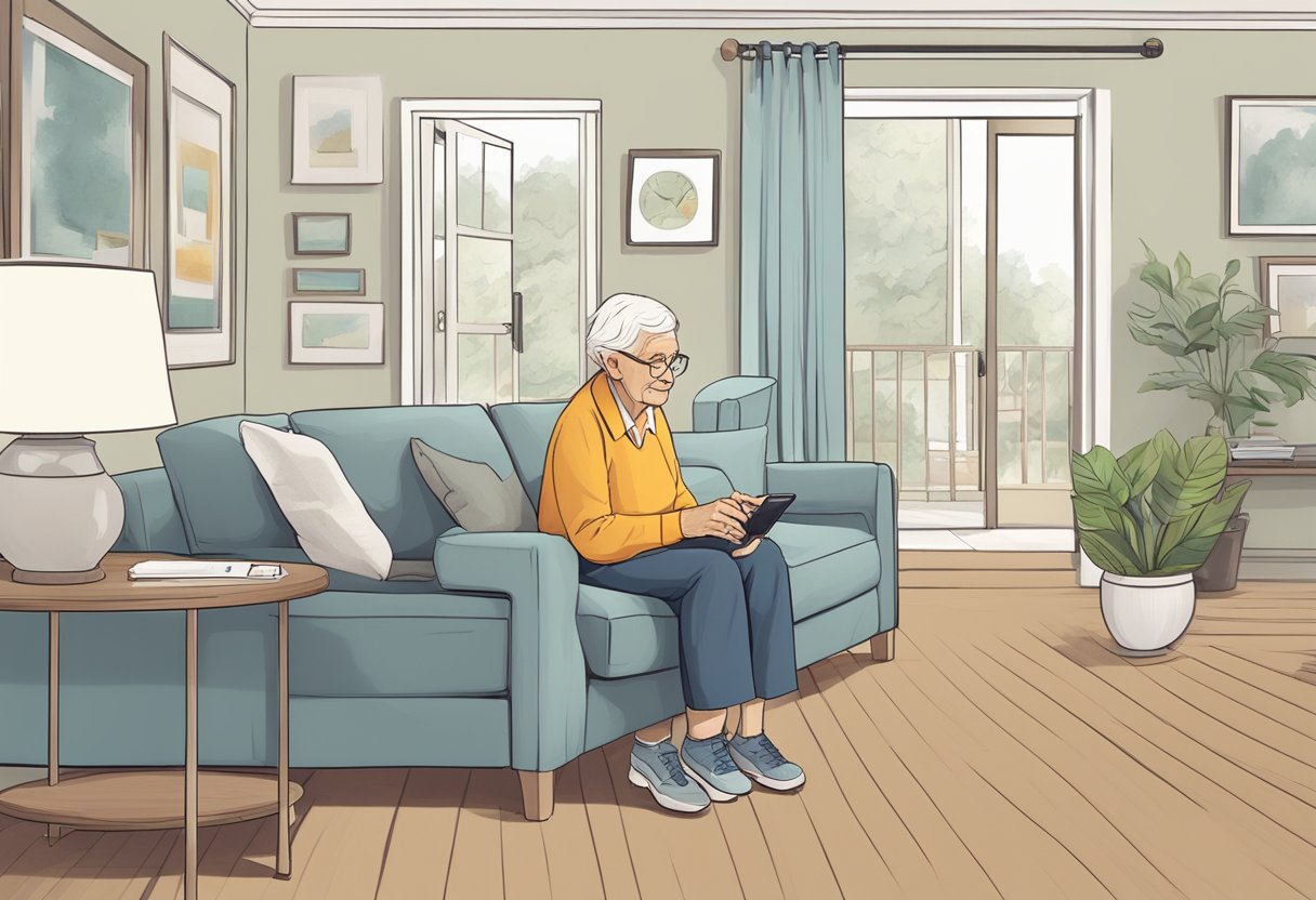 An elderly person using a wearable device to monitor vitals while smart home sensors detect falls and alert caregivers for safety and independence