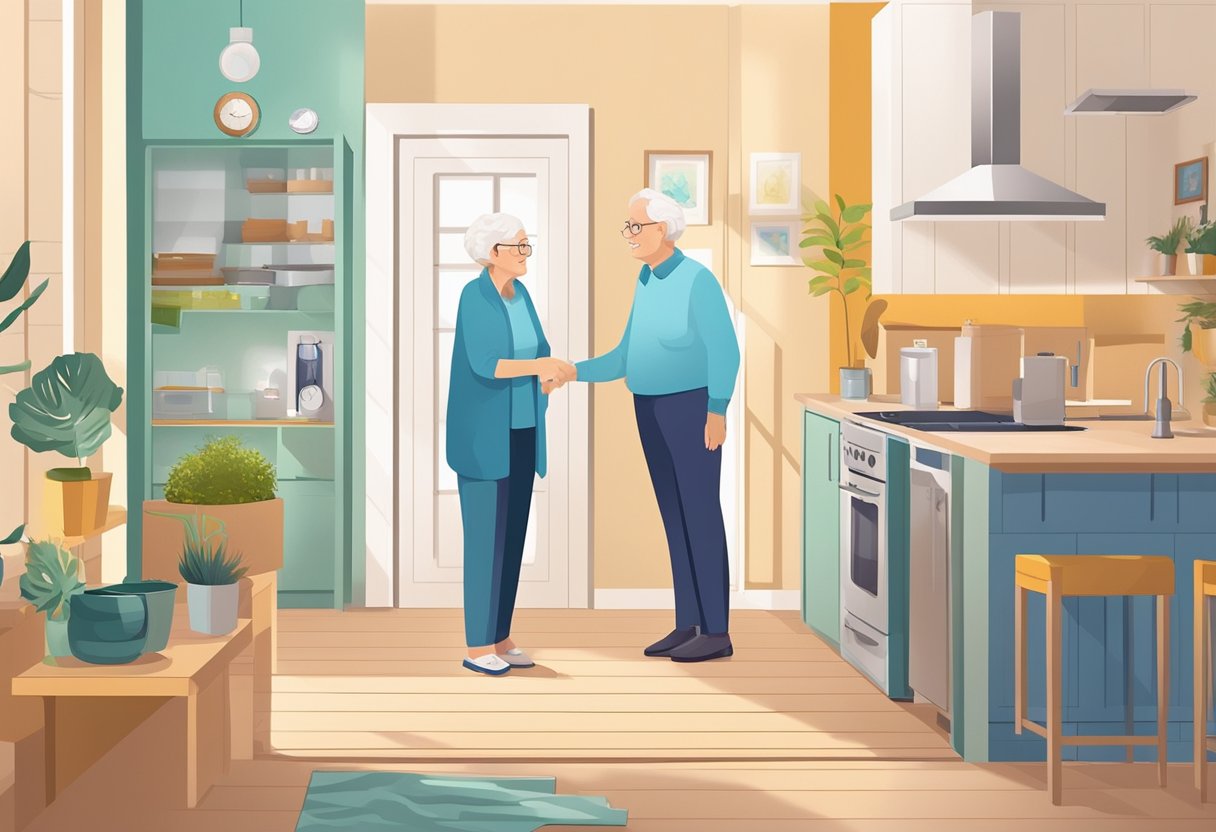 An IoT device monitors an elderly person's home, detecting falls and alerting caregivers for prompt assistance
