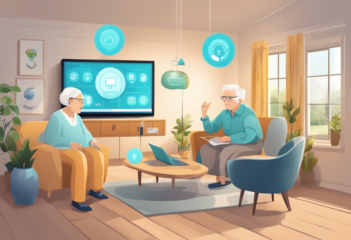 IoT devices monitor and assist elderly in a modern home setting, ensuring safety and independence